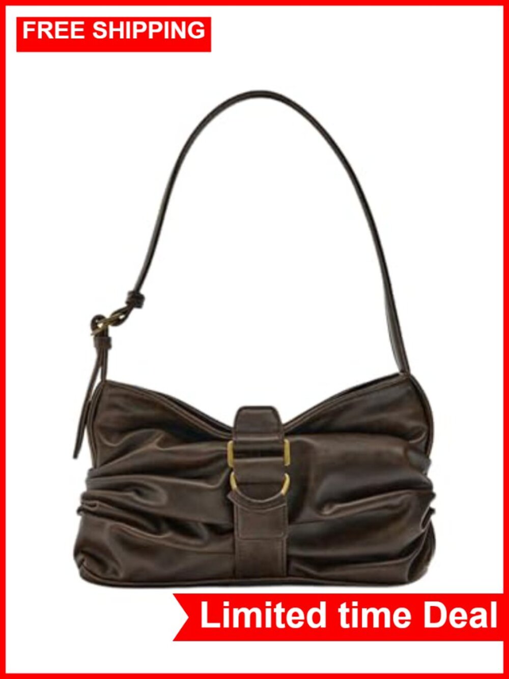 Y2K Vintage Faux Leather Ruched Shoulder Bag Chunky Buckle Handbag